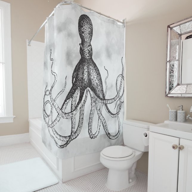 Vintage Octopus on Antique Background Shower Curtain (In Situ)