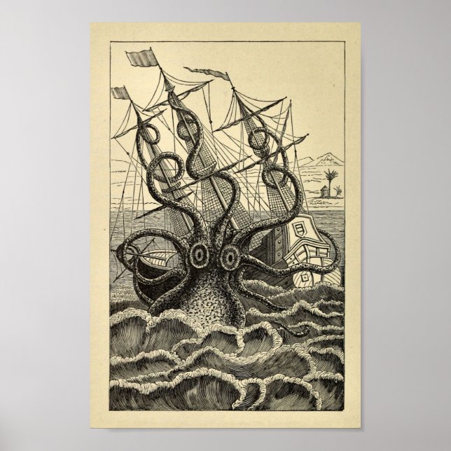 Vintage Octopus Ship Art Print (Front)