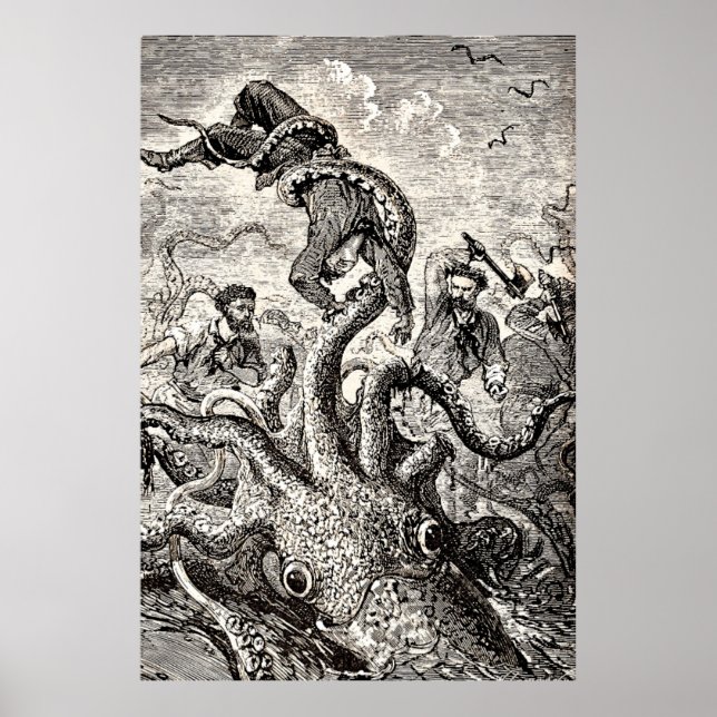 Vintage Octopus Squid Holding Sailor Poster (Front)