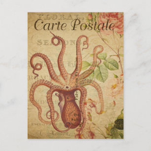 Vintage Octopus Squid Pink Roses French  Postcard
