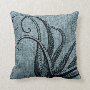 Vintage Octopus Tentacles Black Blue Grey Cushion
