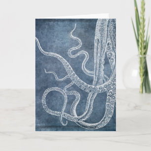 Vintage Octopus Twilight Blue Denim Watercolor Card