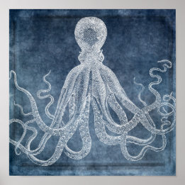 Vintage Octopus Twilight Blue Denim Watercolor Poster