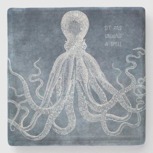 Vintage Octopus Twilight Blue Watercolor Quote Stone Coaster
