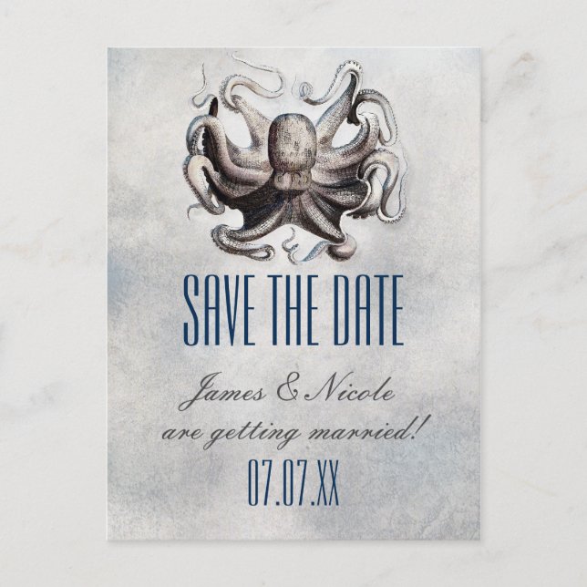 Vintage Octopus Wedding Save The Date Postcard (Front)