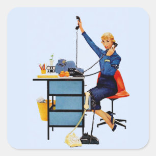Vintage Office Retro Working Woman Art Square Sticker