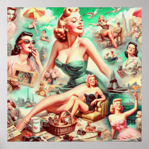 Vintage Oil Painting Collage Pin Up Poster