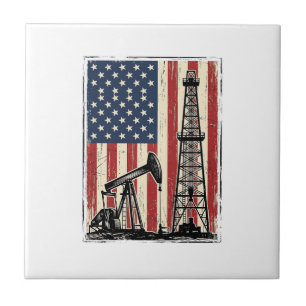 Vintage Oilfield American Flag Vector Shirt Design Ceramic Tile