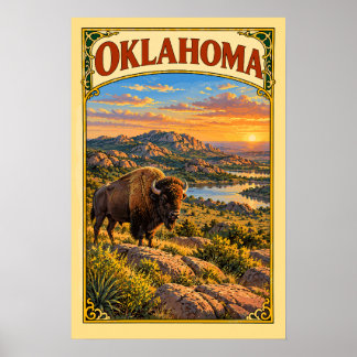 Vintage Oklahoma Wichita Mountains Bison Travel Poster