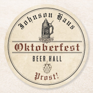 Vintage Oktoberfest Your Name Haus Beer Stein Round Paper Coaster