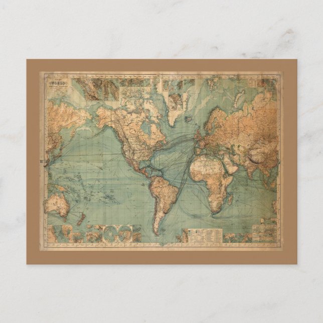 Vintage Old Antique World Map Holiday Postcard (Front)