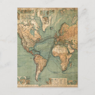 Vintage Old Antique World Map Holiday Postcard