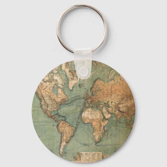 Vintage Old Antique World Map Key Ring (Front)