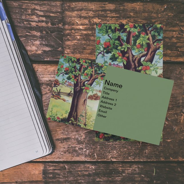 Vintage Old Apple Tree Meadow Field Business Card (Red apple tree in farm field with fence on green business cards.)