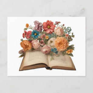 Vintage Old Book and Garden Flowers  Postcard
