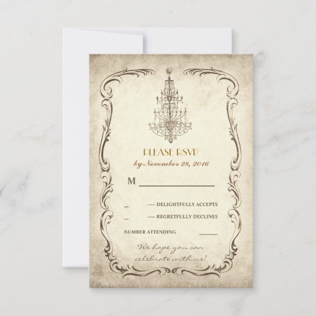 vintage old chandelier wedding RSVP cards (Front)