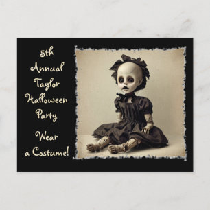 Vintage old Creepy Doll Halloween Party Invites Postcard