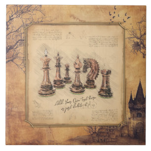 Vintage Old Fashioned Chess Pieces Art Player Gift Ceramic Tile