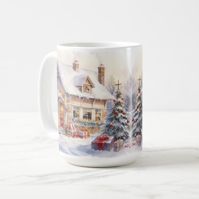 Vintage Old Fashioned House Christmas Scene Mug (Front Left)