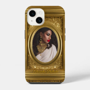 Vintage Old Gold Frame add photo and Name iPhone 14 Case
