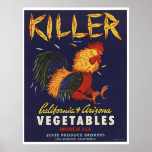 Vintage Old Killer Chicken Vegetables Crate Labels Poster