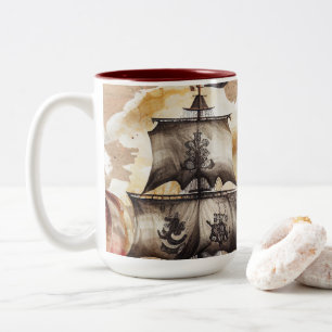 Vintage Old Map Pirate Theme Two-Tone Coffee Mug