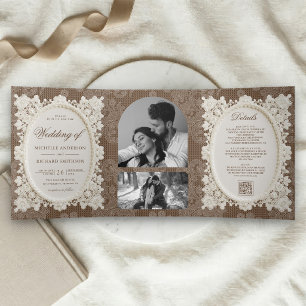 Vintage Old Money Brown Ivory Doily Lace Wedding Tri-Fold Invitation