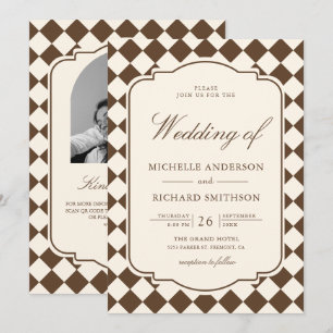 Vintage Old Money Ivory Brown Chequered Wedding Invitation