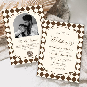 Vintage Old Money Ivory Brown Chequered Wedding Invitation