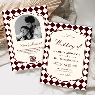 Vintage Old Money Ivory Burgundy Chequered Wedding Invitation