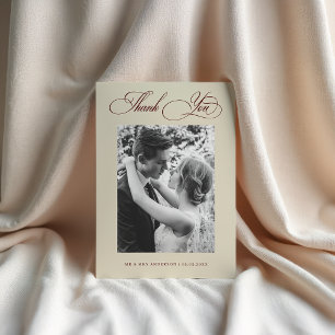Vintage Old Money Ivory & Burgundy Photo Wedding Thank You Card
