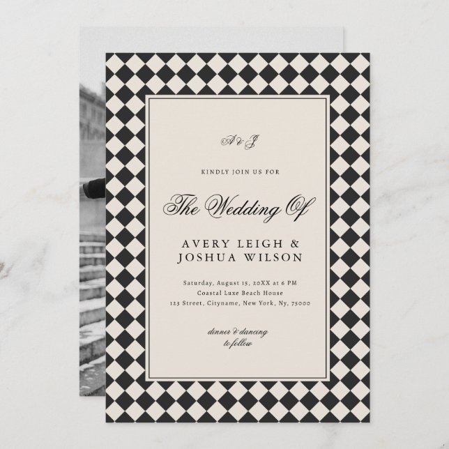 Vintage Old Money Preppy Checkered Photo Wedding Invitation (Front/Back)