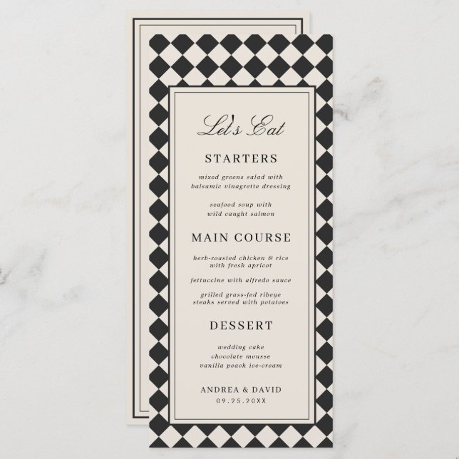 Vintage Old Money Preppy Checkered Retro Wedding Menu (Front/Back)