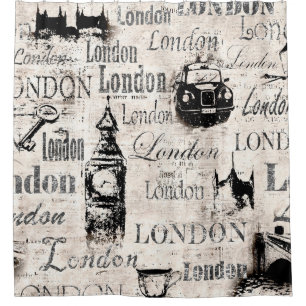 Vintage old newspaper paper London grunge collage  Shower Curtain