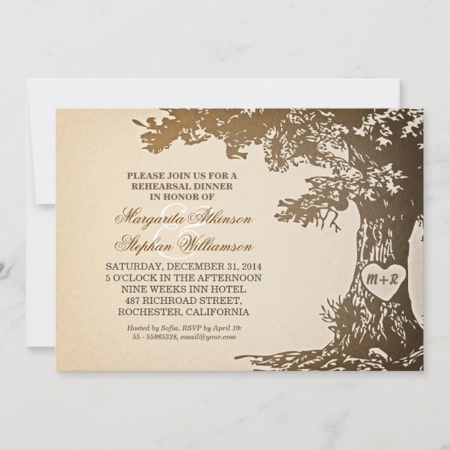 vintage old oak tree rehearsal dinner invitations (Front)