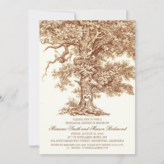 Vintage old oak tree rustic rehearsal dinner invitation (Front)