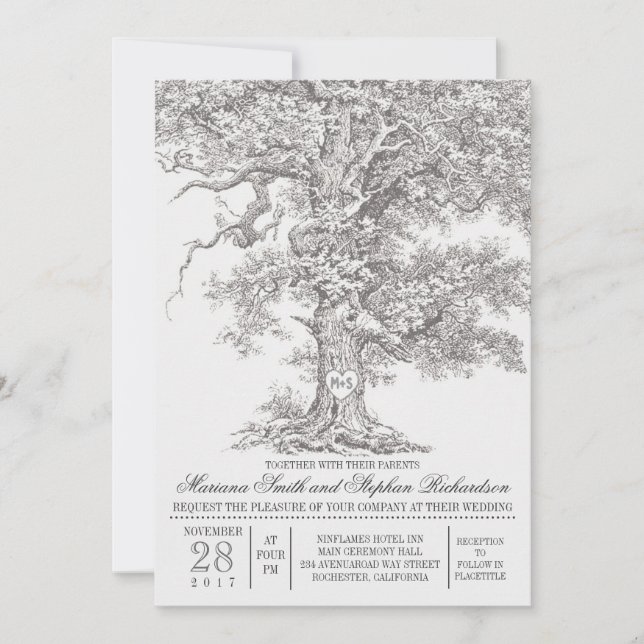 Vintage old oak tree rustic wedding invitations (Front)