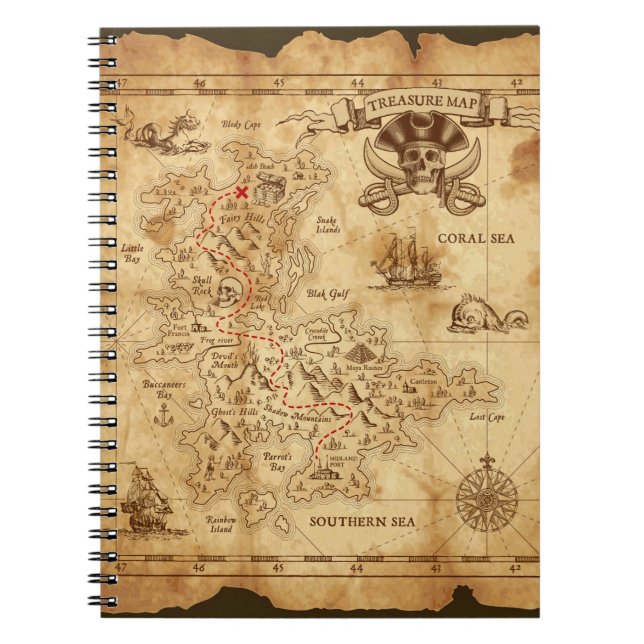 Vintage Old Pirate Treasure Map X Marks the Spot Notebook (Front)