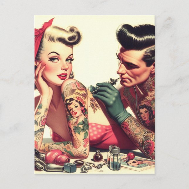 Vintage Old School Tattoo Couple Illustration Postcard (Front)