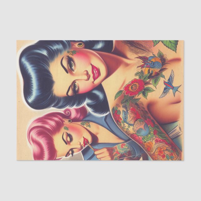 Vintage Old School Tattoo Girls Tissue Paper (Front)
