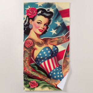 Vintage Old School Tattoo Pin Up Beach Towel