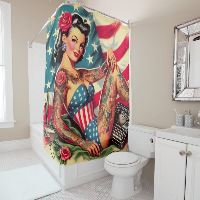 Vintage Old School Tattoo Pin Up Shower Curtain (In Situ)