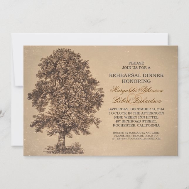 vintage old tree rustic rehearsal dinner invites (Front)