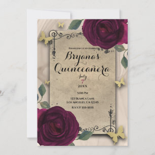 Vintage Old World Dark Roses Butterfly Quinceañera Invitation