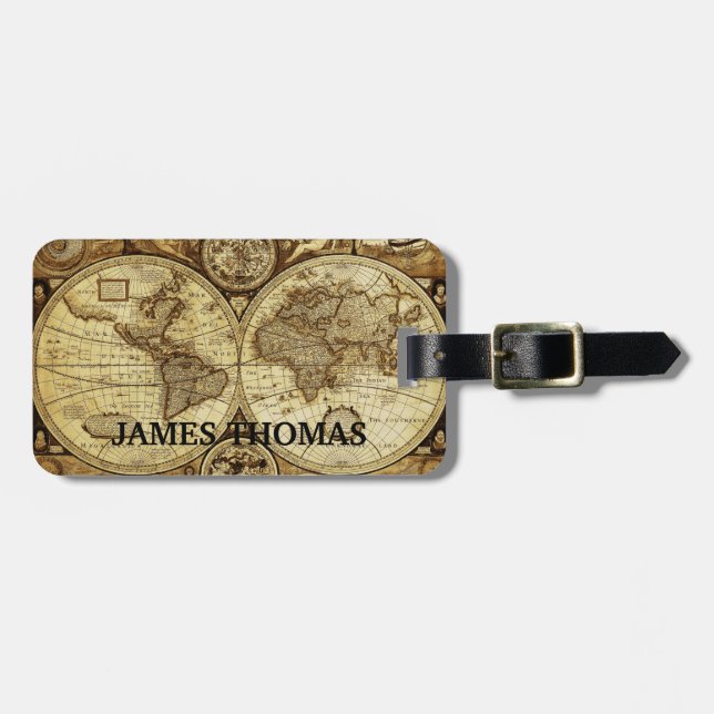 Vintage Old World Map Monogram Luggage Tag (Front Horizontal)