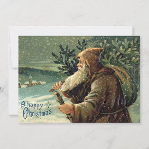 Vintage Old World Santa Claus & Christmas Tree Holiday Card