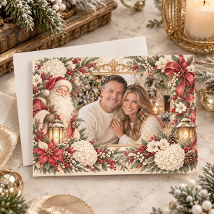 Vintage Old World Santa White Hydrangea Christmas Holiday Card