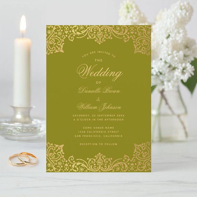 Vintage Olive Gold Calligraphy Elegant Wedding Invitation (Creator Uploaded)