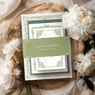 Vintage Olive Green Antique Frame Wedding Invitation Belly Band
