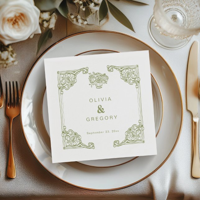 Vintage Olive Green Antique Frame Wedding Napkin (Creator Uploaded)